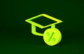 Yellow Graduation cap and coin icon isolated on green background. Education and money. Concept of scholarship cost or Royalty Free Stock Photo