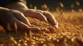 Yellow grain of wheat in the hands. food production, food deal, agriculture. AI generated Royalty Free Stock Photo