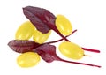 Yellow grape berries and fresh young chard red leaves isolated on white background Royalty Free Stock Photo