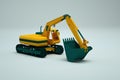 Yellow graphic excavator stands on a white isolated background. 3d object of the yellow excavator. Isometric model