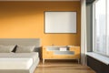 Yellow and gray bedroom interior with poster Royalty Free Stock Photo