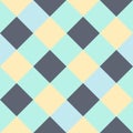 Yellow Gray Light Green Blue Large Diagonal Seamless French Checkered Pattern. Big Inclined Colorful Fabric Check Pattern