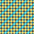 Yellow Gray Sky Blue Seamless Diagonal French Checkered Pattern. Inclined Colorful Fabric Check Pattern Background. 45 degrees
