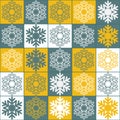 Yellow gray snowy christmas background, decorative illustrations seamless pattern, square with snowflake, repeat vector