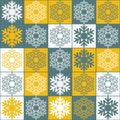 Yellow gray snowy christmas background, decorative illustrations seamless pattern, square with snowflake