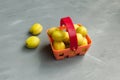 Yellow-green apricots in a shopping basket. Latest trend - Eating unripe fruits. Gray background, copy space