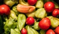 Paprika and tomatoes close-up. Yellow and green bell peppers and red tomatoes. Delicious and healthy fresh vegetables Royalty Free Stock Photo