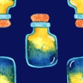 Yellow, green and blue isolated magic potion bottle. Hand drawn watercolor alchemy. Occultism and witchcraft drink. Fairy tale eli