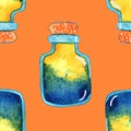 Yellow, green and blue isolated magic potion bottle. Hand drawn watercolor alchemy. Occultism and witchcraft drink. Fairy tale eli Royalty Free Stock Photo