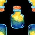Yellow, green and blue isolated magic potion bottle. Hand drawn watercolor alchemy. Occultism and witchcraft drink. Fairy tale eli