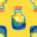 Yellow, green and blue isolated magic potion bottle. Hand drawn watercolor alchemy. Occultism and witchcraft drink. Fairy tale eli Royalty Free Stock Photo