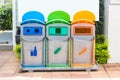 Yellow, green, blue recycle bins with recycle symbol in the park Royalty Free Stock Photo