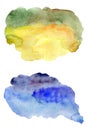 Yellow-green blue watercolor stains blots brushstroke brash.