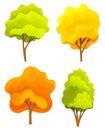 Yellow and green bright autumn tree set with a lush crown, thik brown trunk and branches on white