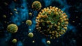 Yellow-Green COVID-19 Coronavirus Molecules on Blue Background - Influenza Virus Second Wave - Pandemic Outbreak Illustration Royalty Free Stock Photo