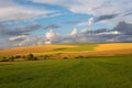 Yellow green fields sky and clouds