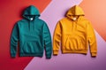 yellow and green hoodie sweatshirts on colorful backdrop, streetwear flatlay composition, top view