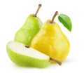 Yellow and green isolated pears whole and piece Royalty Free Stock Photo