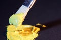 Yellow green oil paint freshly photographed from the tube for artists with brush on black background Royalty Free Stock Photo