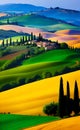 Yellow- green orange- blue hills of Tuscany.