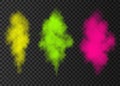 Yellow, green, pink smoke explosion special effect on transparent background