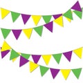 Yellow green and purple flags. Background for Mardi Gras. Royalty Free Stock Photo