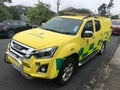 Yellow and green St. John Ambulance vehicle