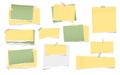 Yellow and green torn note, notebook paper pieces for text stuck with sticky tape on white background. Vector