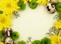 Yellow, green and white flowers with quail eggs on old paper Royalty Free Stock Photo