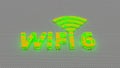 Yellow green WiFi 6 symbol with light flashing on abstract background. 3D rendering.