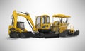 Yellow group of heavy machinery excavator mini paver loader 3d illustration on gray background with shadow Royalty Free Stock Photo