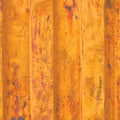 Yellow grunge sea freight container background, dark rusty corrugated pattern, red primer coating, vertical rusted detailed steel