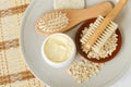 Yellow hair mask banana face cream, shea butter facial mask, body butter in the small white jar, oatmeal, massage body brush