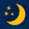 Yellow half moon and three stars on blue background, vector illustration