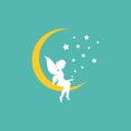 Yellow half moon and white stars and fairy. Magic, fantasy. Isolated on powder blue