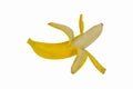 Yellow half-peeled banana close-up, on white background. Royalty Free Stock Photo