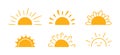 Yellow half sun icons set in doodle style. Hand drawn sunset simple graphic symbols. Summer heat icons. Half round solar Royalty Free Stock Photo