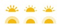 Yellow half sun icons set in flat style. Sunset simple graphic symbols. Summer heat icons. Half round solar element Royalty Free Stock Photo