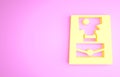 Yellow Handbag icon isolated on pink background. Female handbag sign. Glamour casual baggage symbol. Minimalism concept