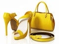 Yellow handbag, shoes and belt isolated on white background. 3D illustration