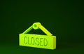 Yellow Hanging sign with text Closed icon isolated on green background. Business theme for cafe or restaurant