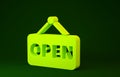 Yellow Hanging sign with text Open door icon isolated on green background. Minimalism concept. 3d illustration 3D render