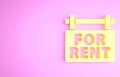 Yellow Hanging sign with text For Rent icon isolated on pink background. Signboard with text For Rent. Minimalism