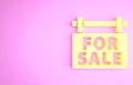 Yellow Hanging sign with text For Sale icon isolated on pink background. Signboard with text For Sale. Minimalism
