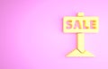 Yellow Hanging sign with text Sale icon isolated on pink background. Signboard with text Sale. Minimalism concept. 3d