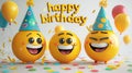 Yellow, happy emojis wearing colorful party hats with Happy Birthday text on a white background. Royalty Free Stock Photo