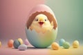 Happy smiling Cute little chicken coming out o f the Easter egg isolated on pastel colors background illustration generative ai