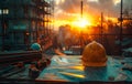 Yellow hard hat and blueprints on the construction site with sunset background Royalty Free Stock Photo