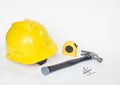 Yellow Hard Hat with Carpentry Tools Royalty Free Stock Photo