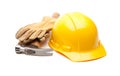Yellow Hard Hat, Gloves and Hammer on White Background with Transparent PNG Option. Royalty Free Stock Photo